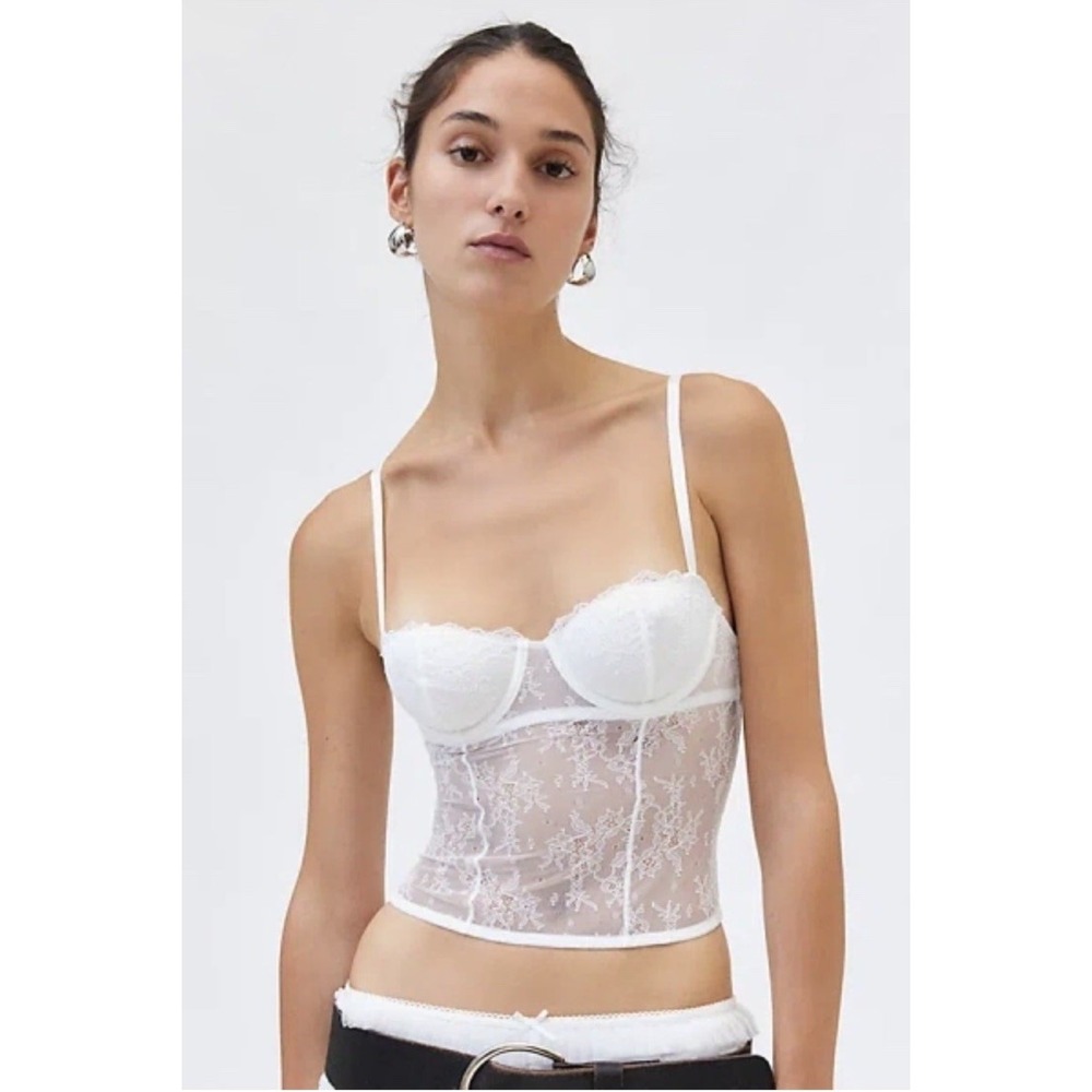 Out From Under Small Adrianna White Lace Underwire Corset Bustier Cami Tank Top